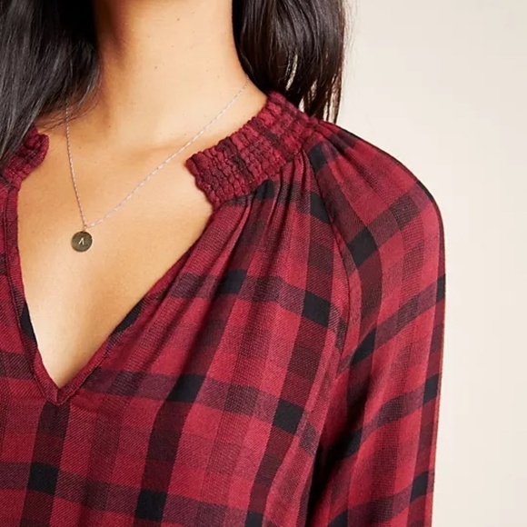 Anthropologie Cloth & Stone Sara Red Black Plaid Long Sleeve Blouse - Sz S - Picture 2 of 14